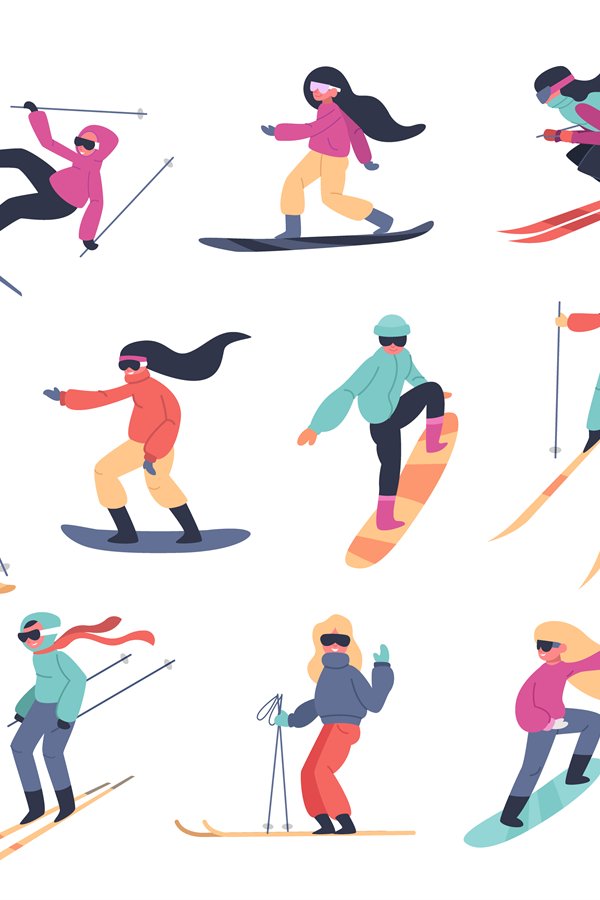 Skiing snowboarding people. Winter sport activities