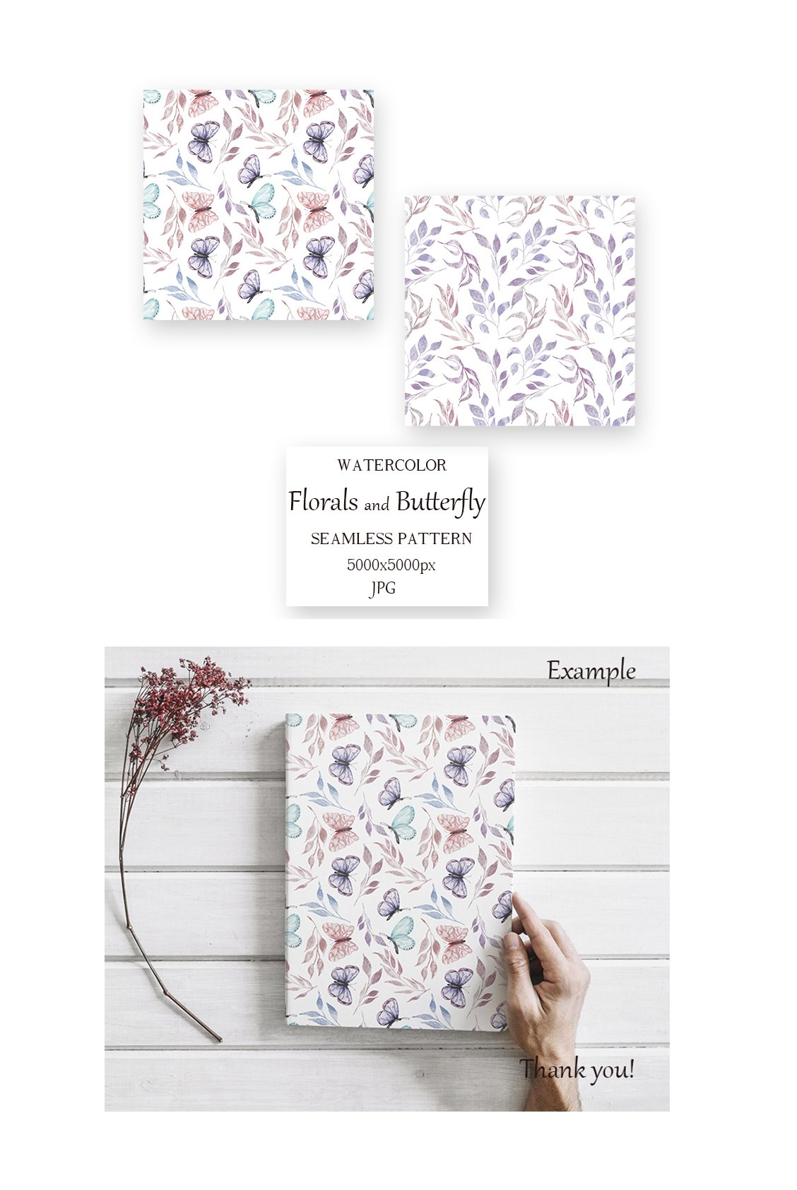 Watercolor Butterfly and Florals Seamless Pattern set