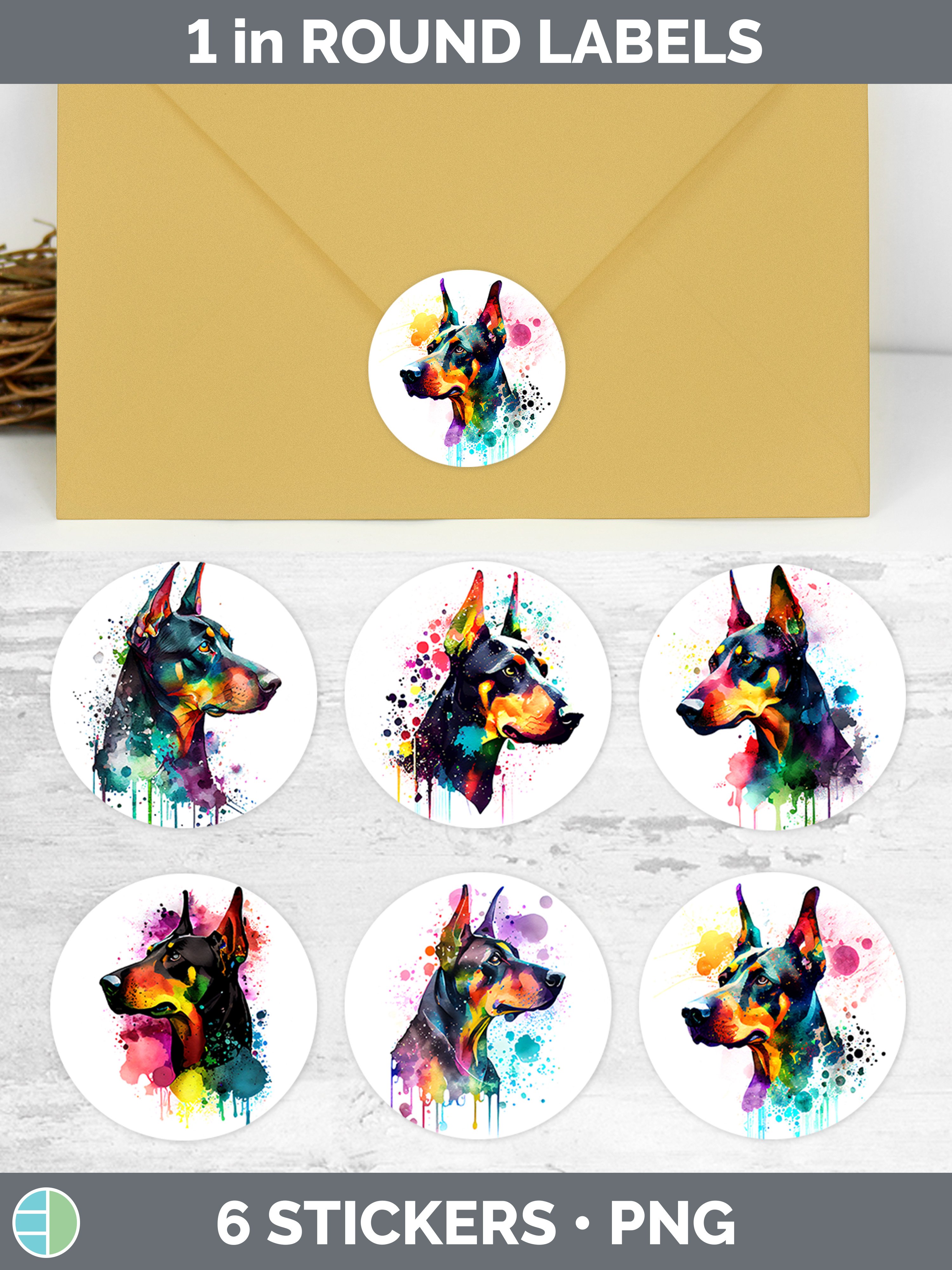 Rainbow Doberman Pinscher Stickers Sublimation Round Label