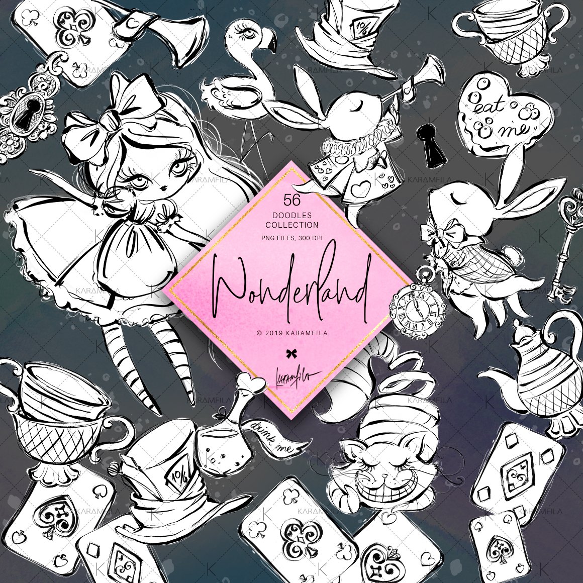 Alice in Wonderland Doodle Clipart (299978) | Illustrations | Design ...