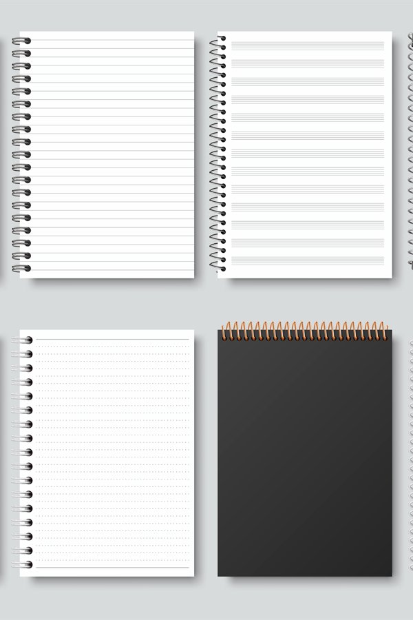 Realistic notepapers, spiral binding notebook, sketchbook or