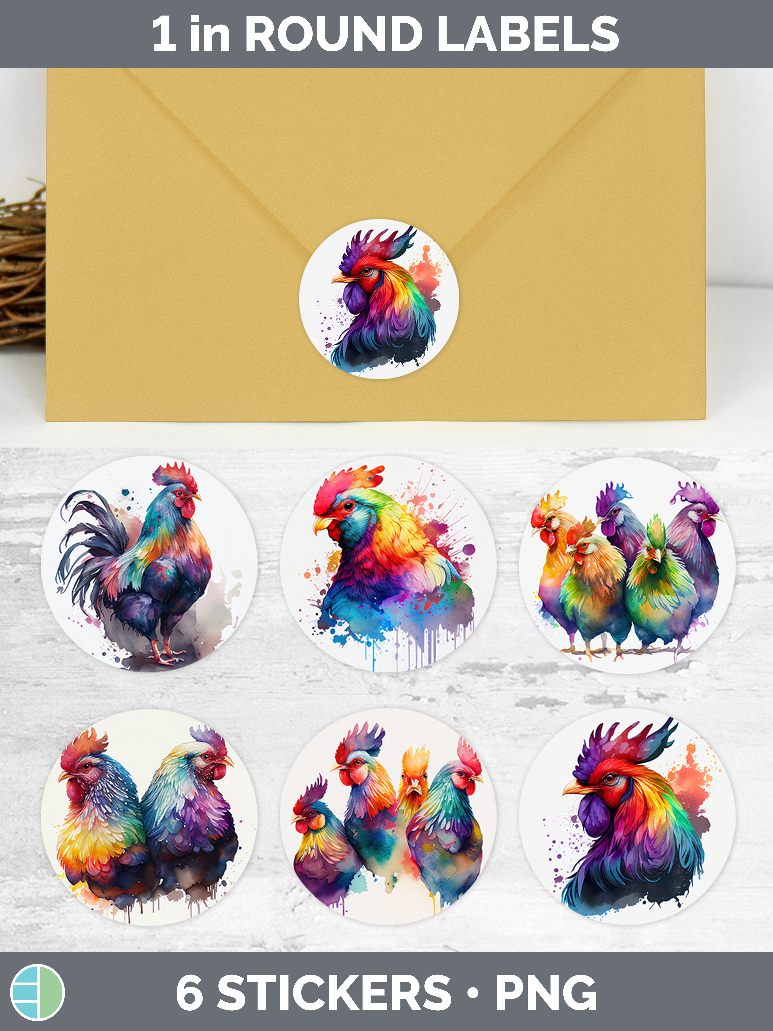 Rainbow Chicken Stickers | Sticker 1in Round Labels PNG Desi
