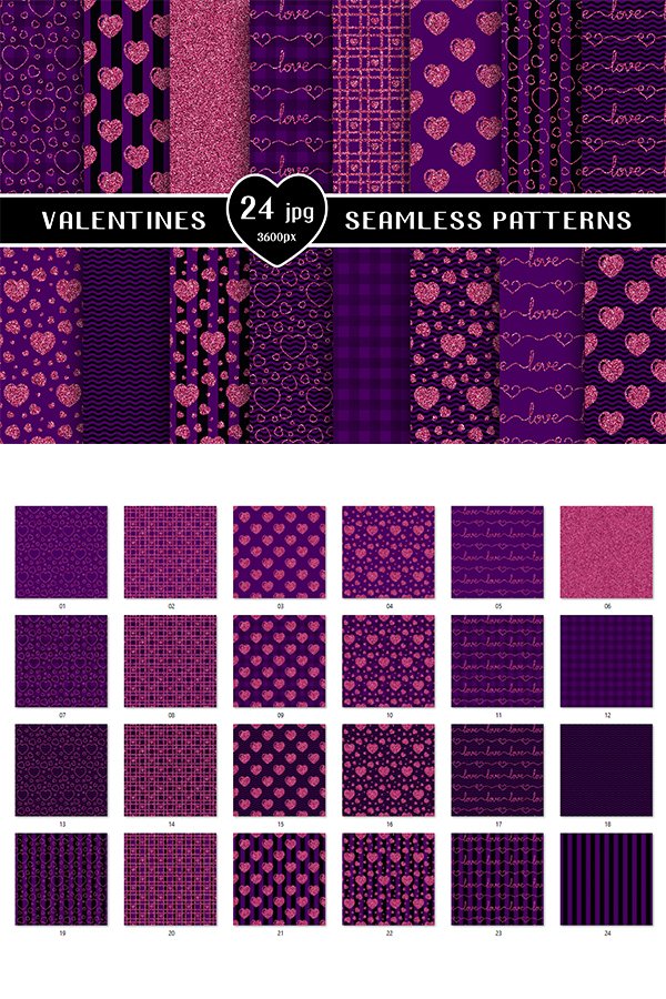 Valentines day pink glitter seamless patterns, digital paper