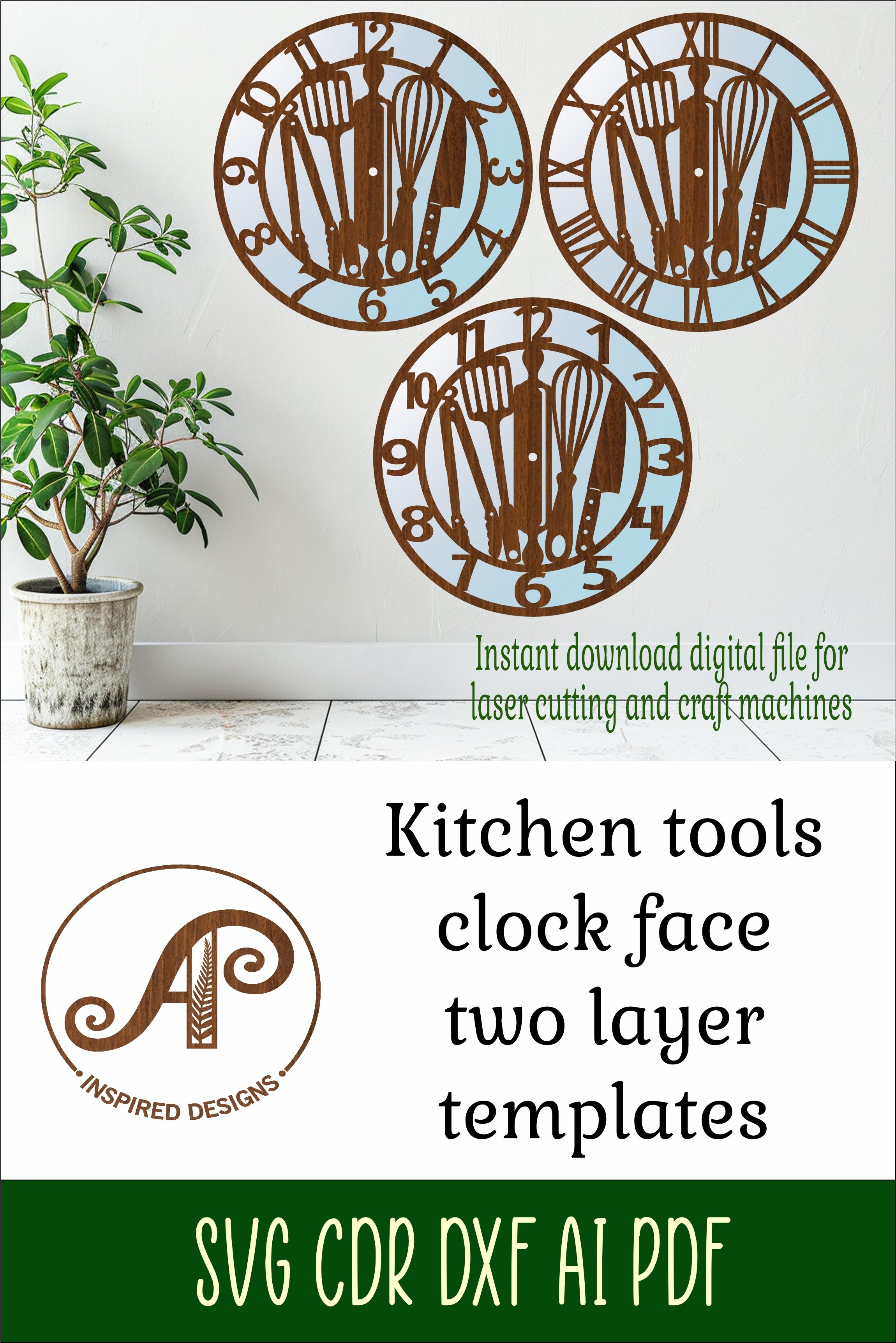 Kitchen tools wall clock laser cut files, SVG