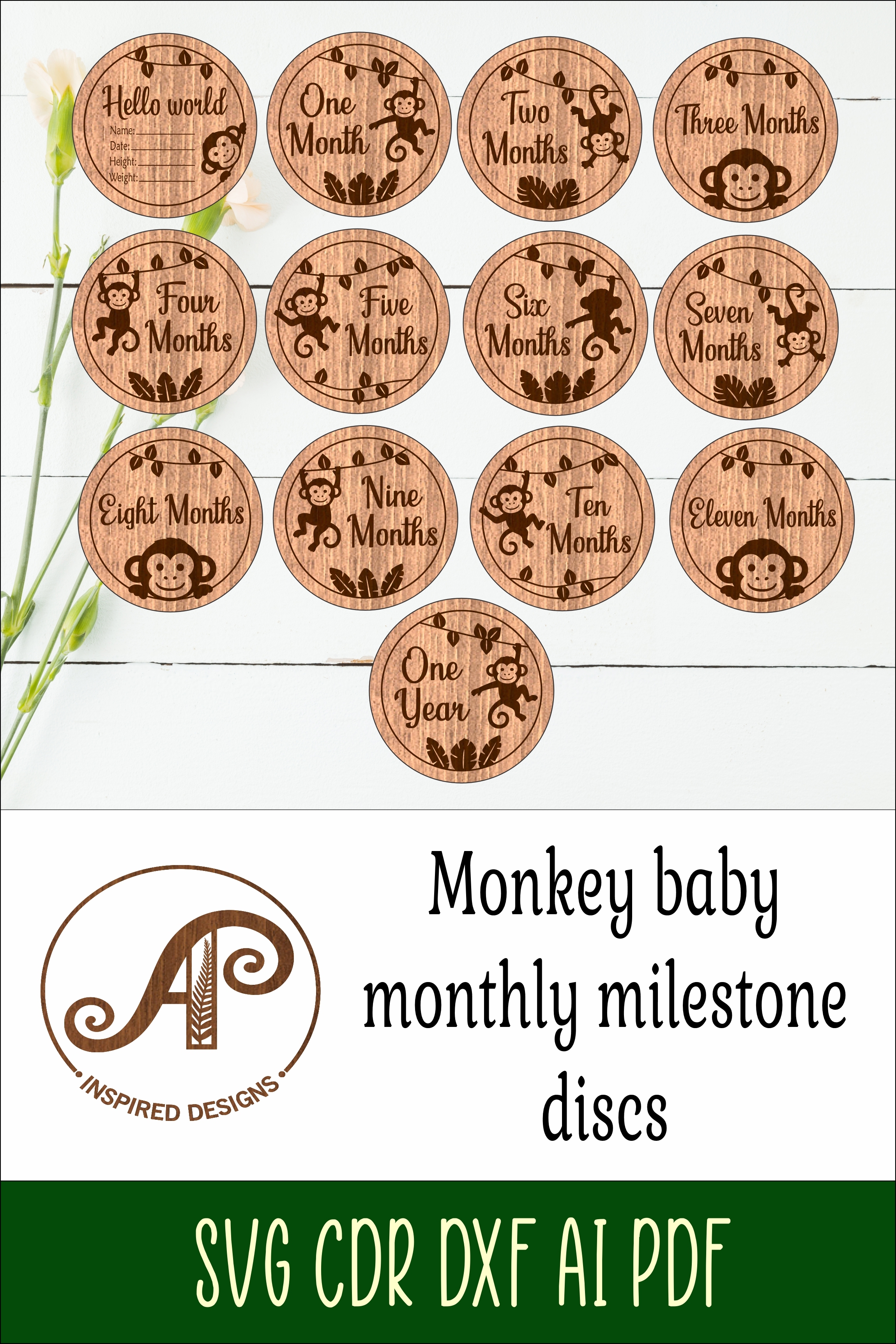 Monkey Baby monthly milestone discs SVG laser engraved