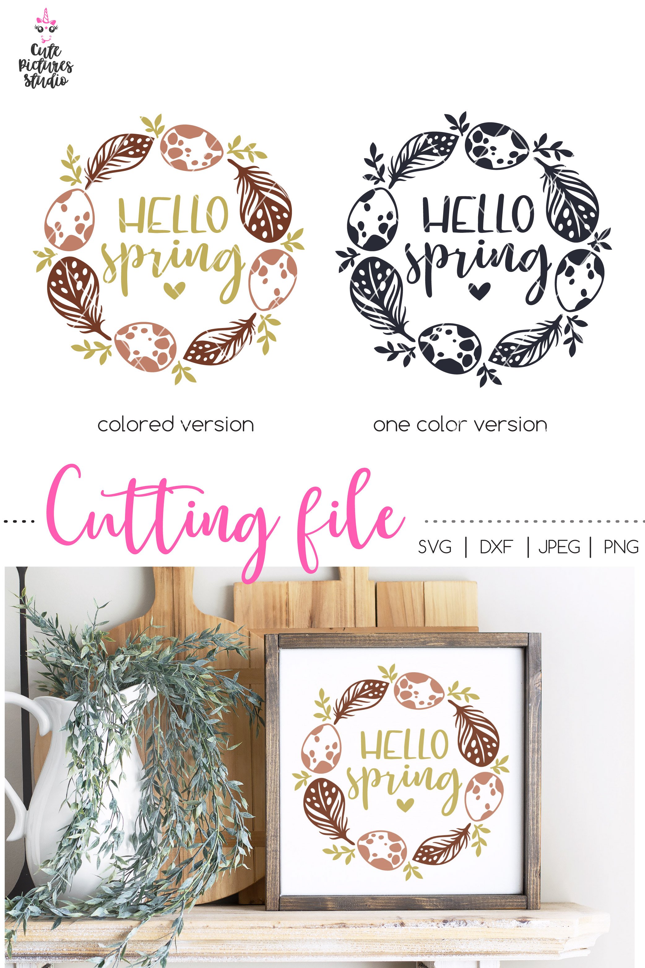 Hello spring SVG, Eggs and feathers frame Cricut SVG png