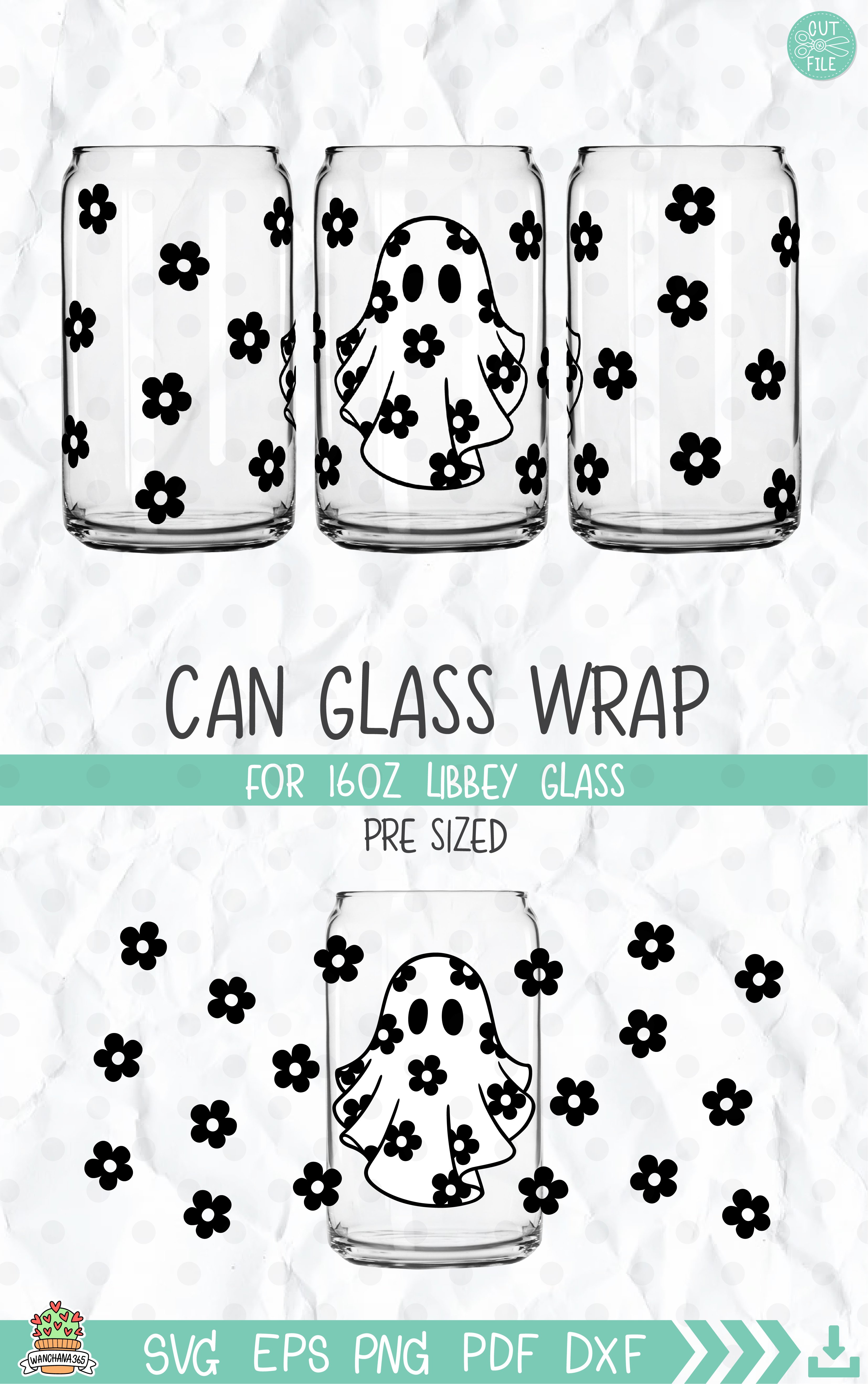 Retro Daisy Cute ghost svg libbey Can Glass 16oz full wrap