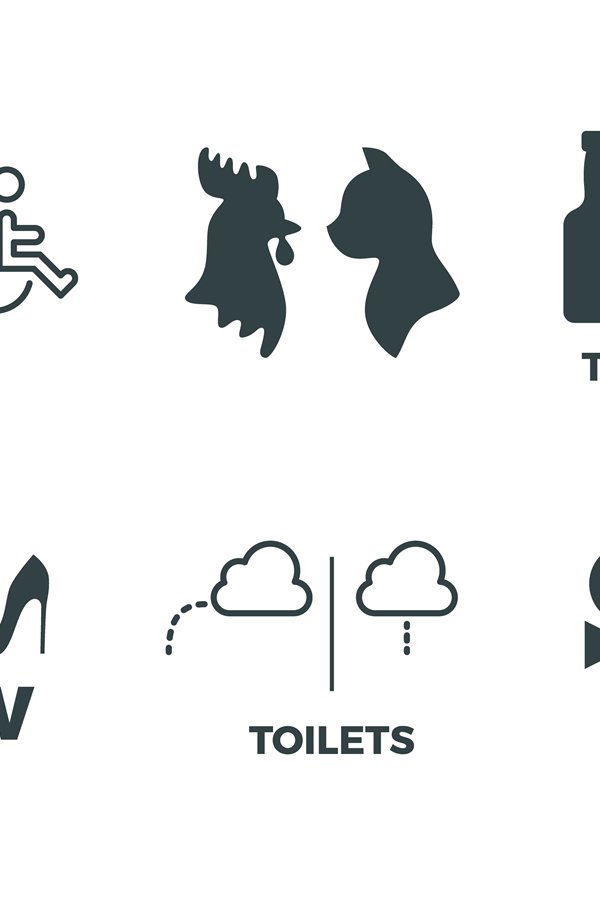 Toilet signs. He she WC door symbols, man and woman bathroom