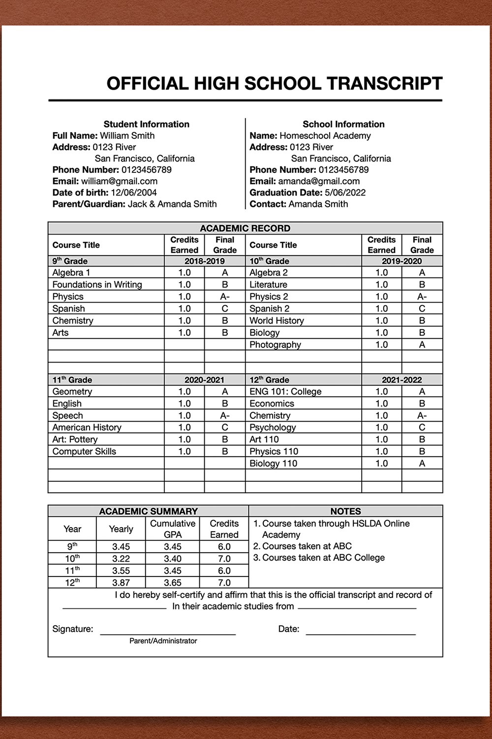 Classic High School Transcript Template, MS Word, docs