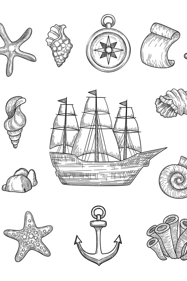 Marine symbols. Fish ship shells boats ocean symbols sailboa