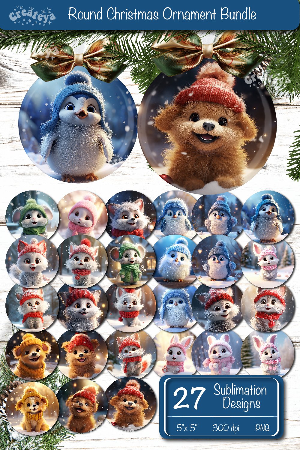 Christmas ornament Sublimation Bundle Baby Animals PNG
