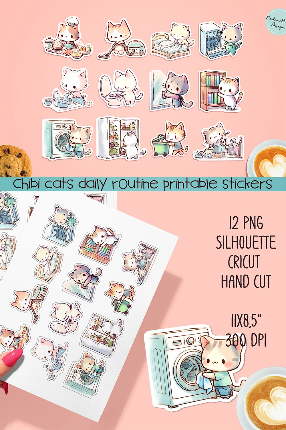 Daily Routine Chibi Chibi cats Daily routine BUNDLE stickers. PNG.