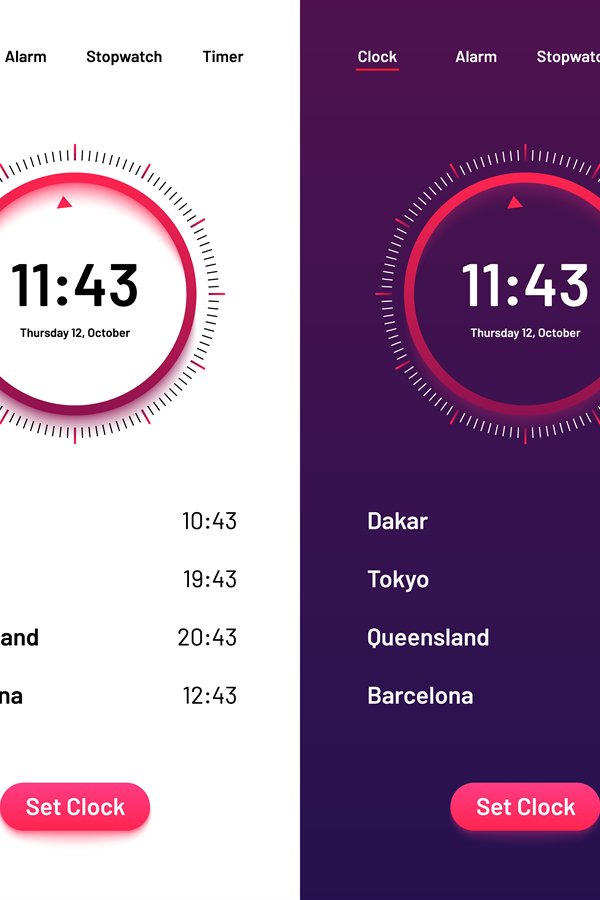 Clock app. Time countdown ui for day and night. Clock interf