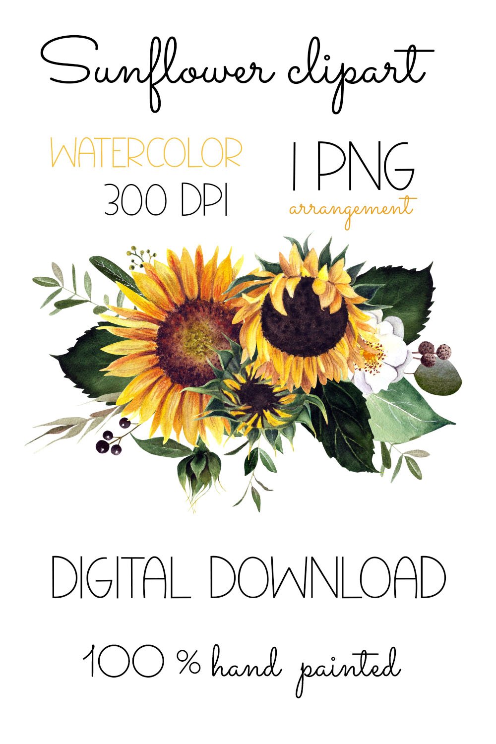 Watercolor sunflower clipart. Sublimation PNG