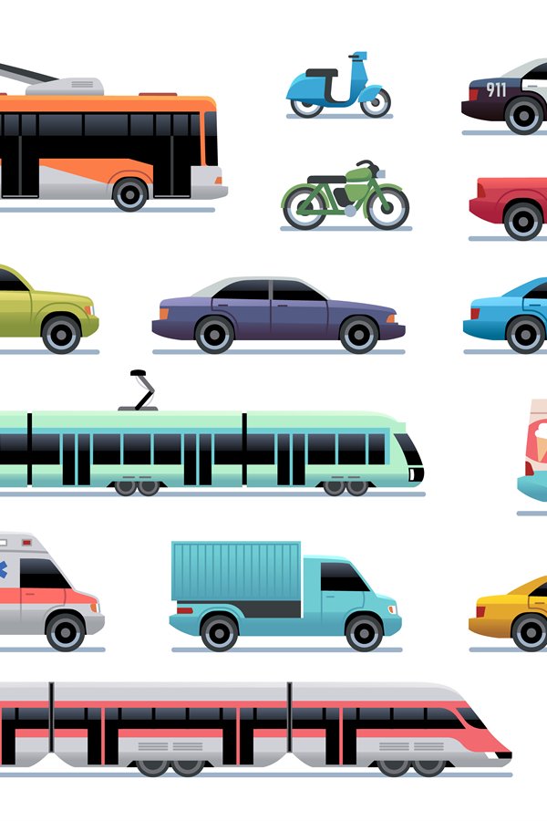 City transport. Cartoon car, bus and truck, tram. Train, tro