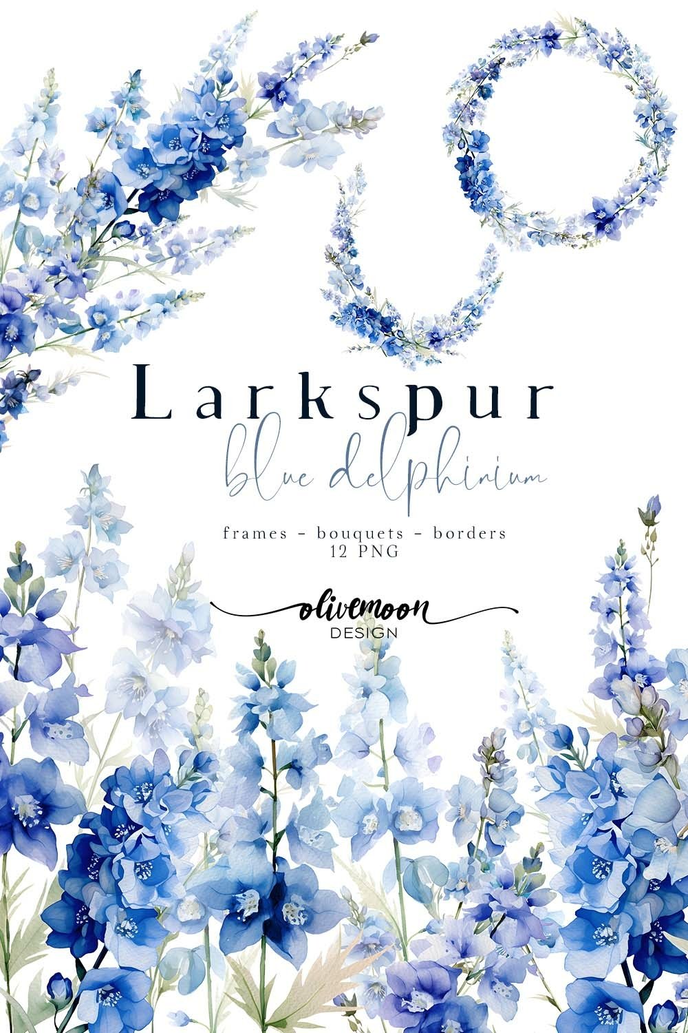 フローラル図案集 「Bunte Bluten, blaue Schwerter Blue Purple Delphinium Floral Clipart Larkspur Borders