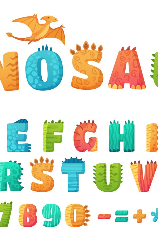 Cartoon dino. Dinosaur alphabet letters and numbers