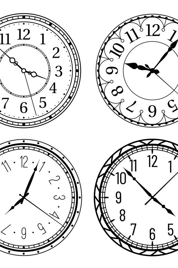 Vintage round clock face. Antique clocks with arabic numeral