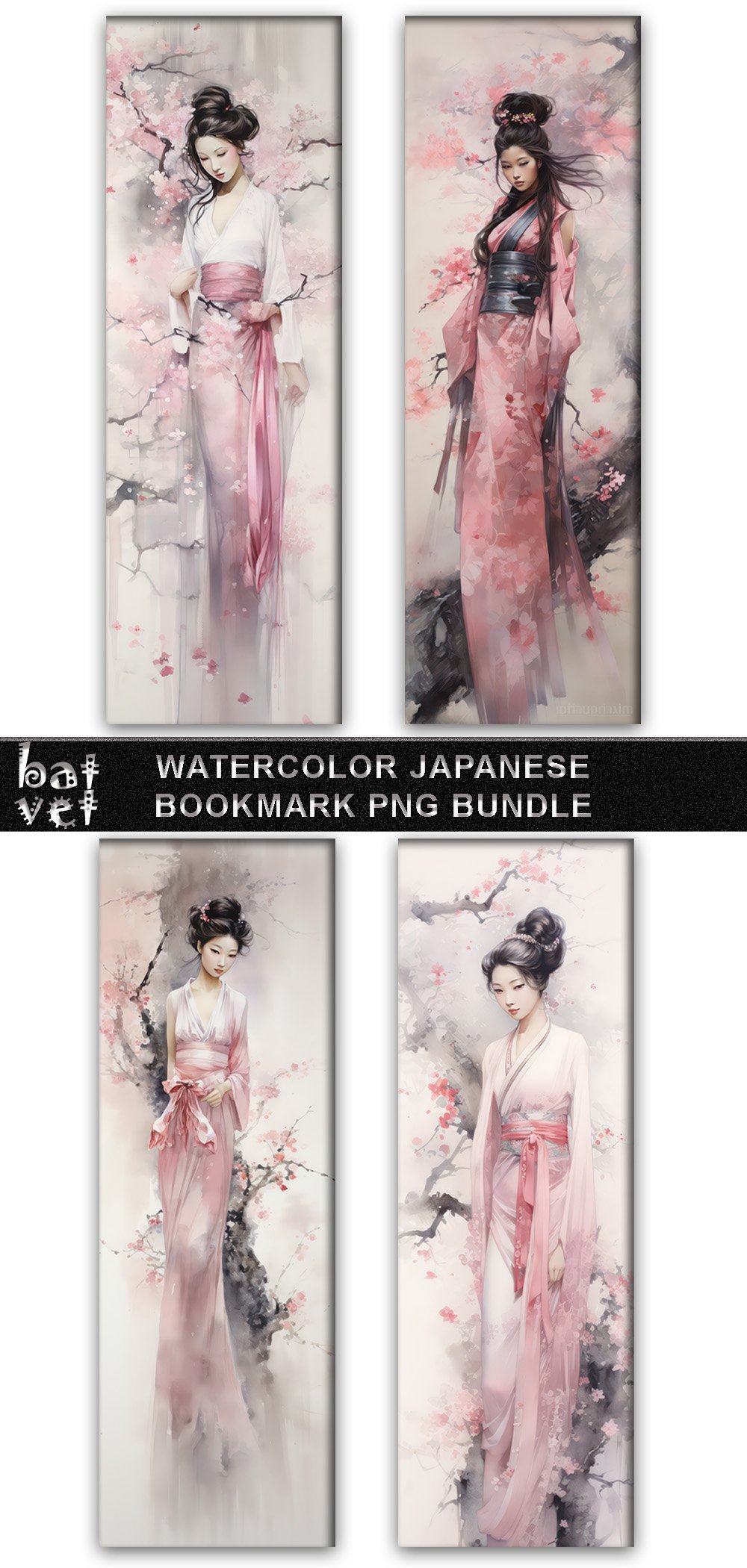 Watercolor Japanese Bookmark PNG | Geisha Bookmark Design