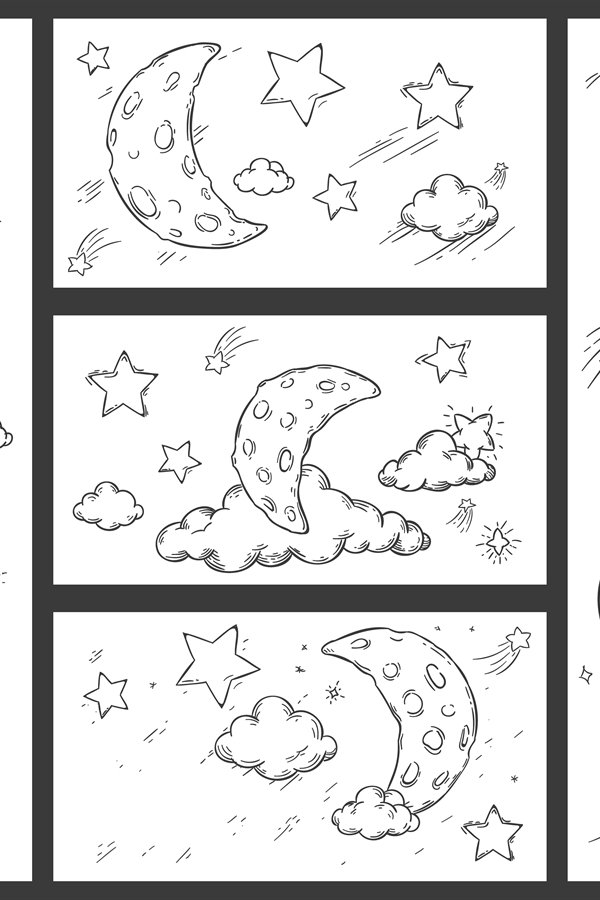 Sketch night sky with moon. Hand drawn moon, night stars and