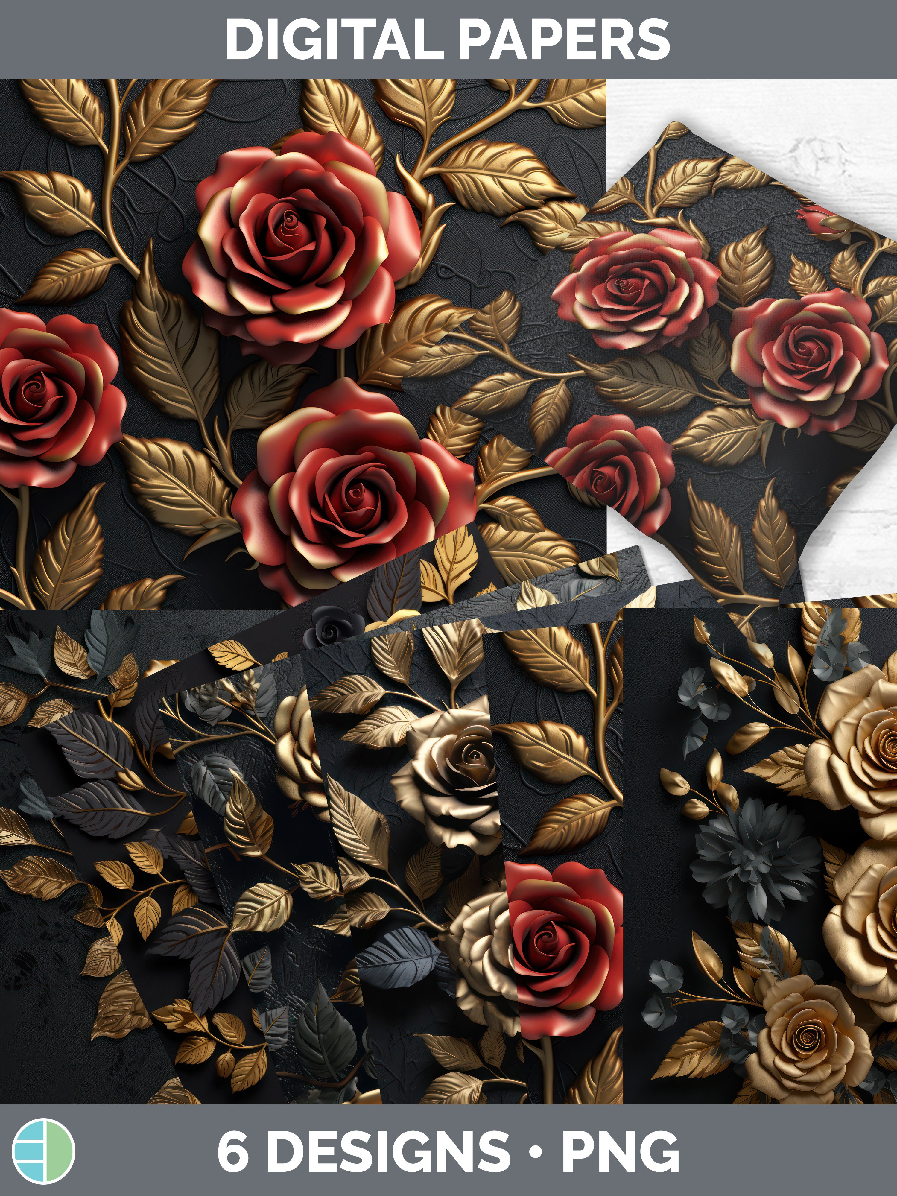 3D Gold Rose Flowers Paper Backgrounds | Digital Scrapbook P