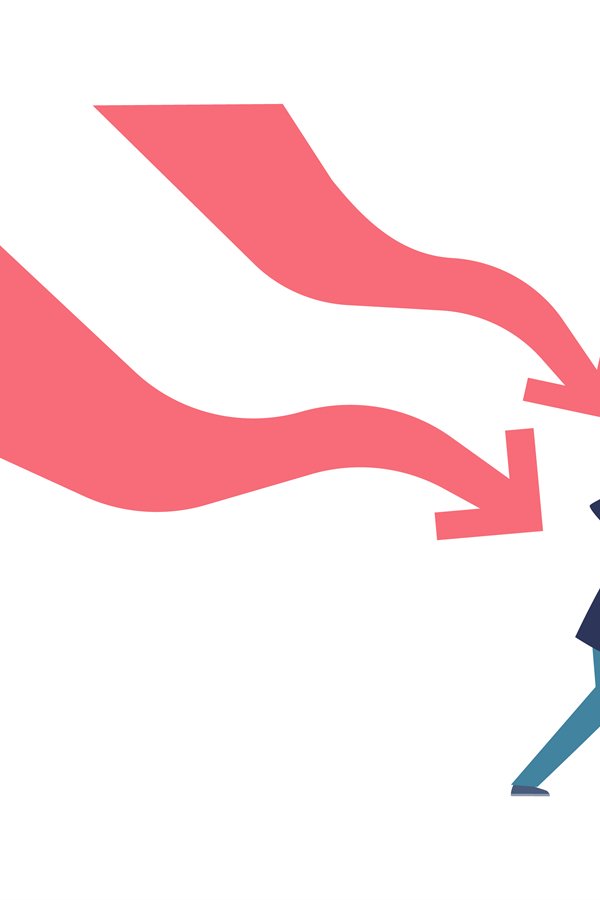 Falling down business graph. Panic businessman afraid arrow,