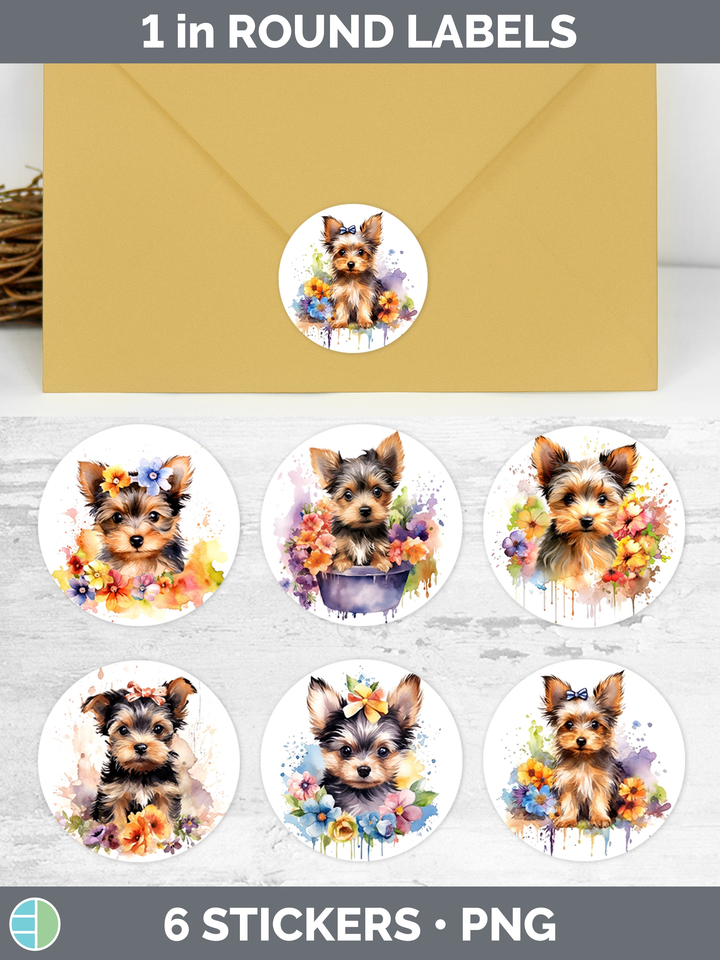 Watercolor Yorkshire Terrier Dog Stickers | Round Labels Des