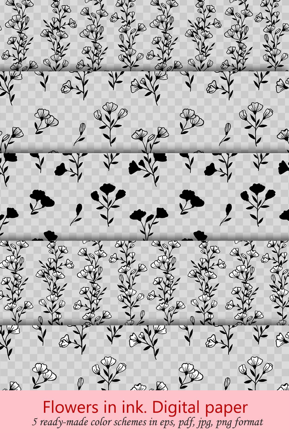 Flowers in ink. Digital paper EPS, PDF, PNG, JPG (2047195)