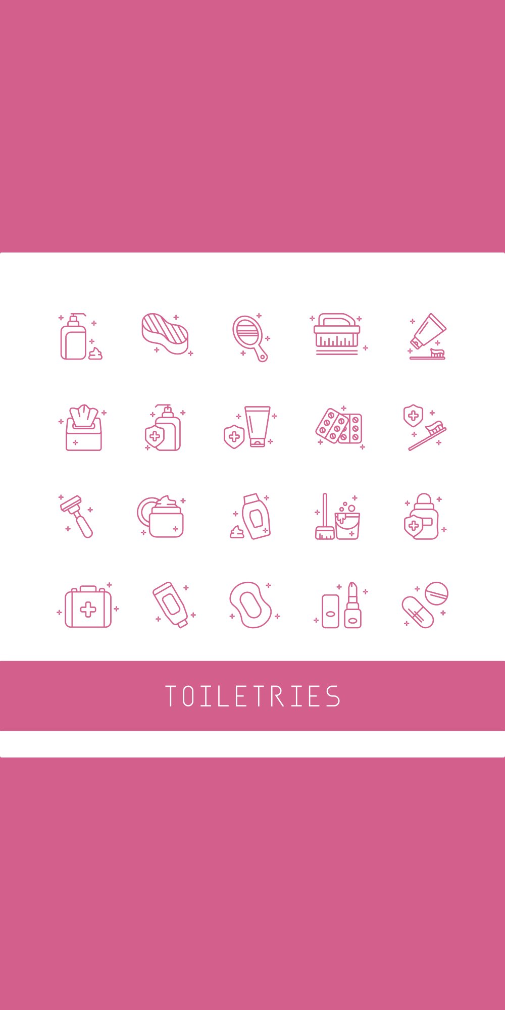 Set of 20 toiletries icons in outline style.