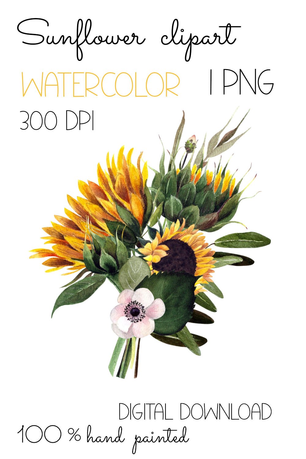 Watercolor sunflower bouquet clipart. Sublimation PNG