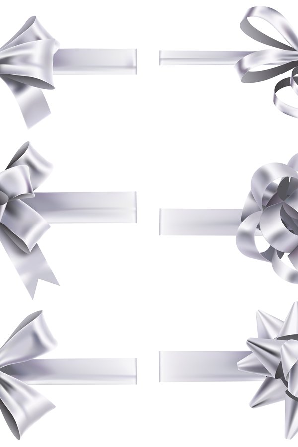 Realistic white ribbons with bows. Festive wrapping bow, hol