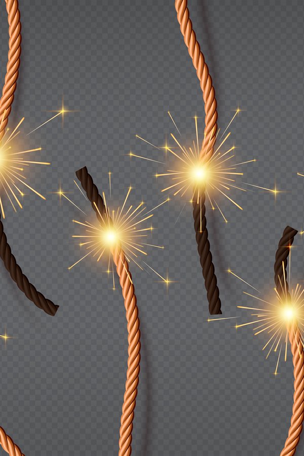 Realistic burning fire wicks, lighted dynamite fuses. Firecr