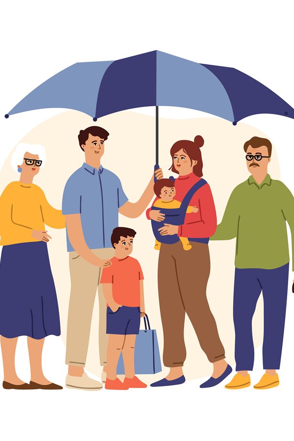 Big family under giant umbrella. Safety concept. Grandparent