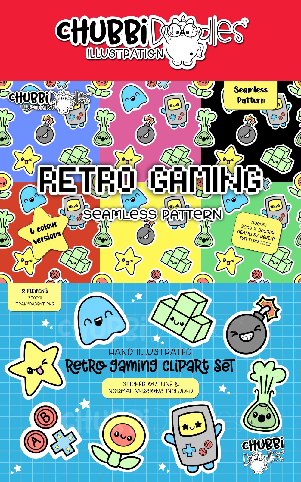 Retro Gaming Seamless Pattern - Kawaii Repeat PNG