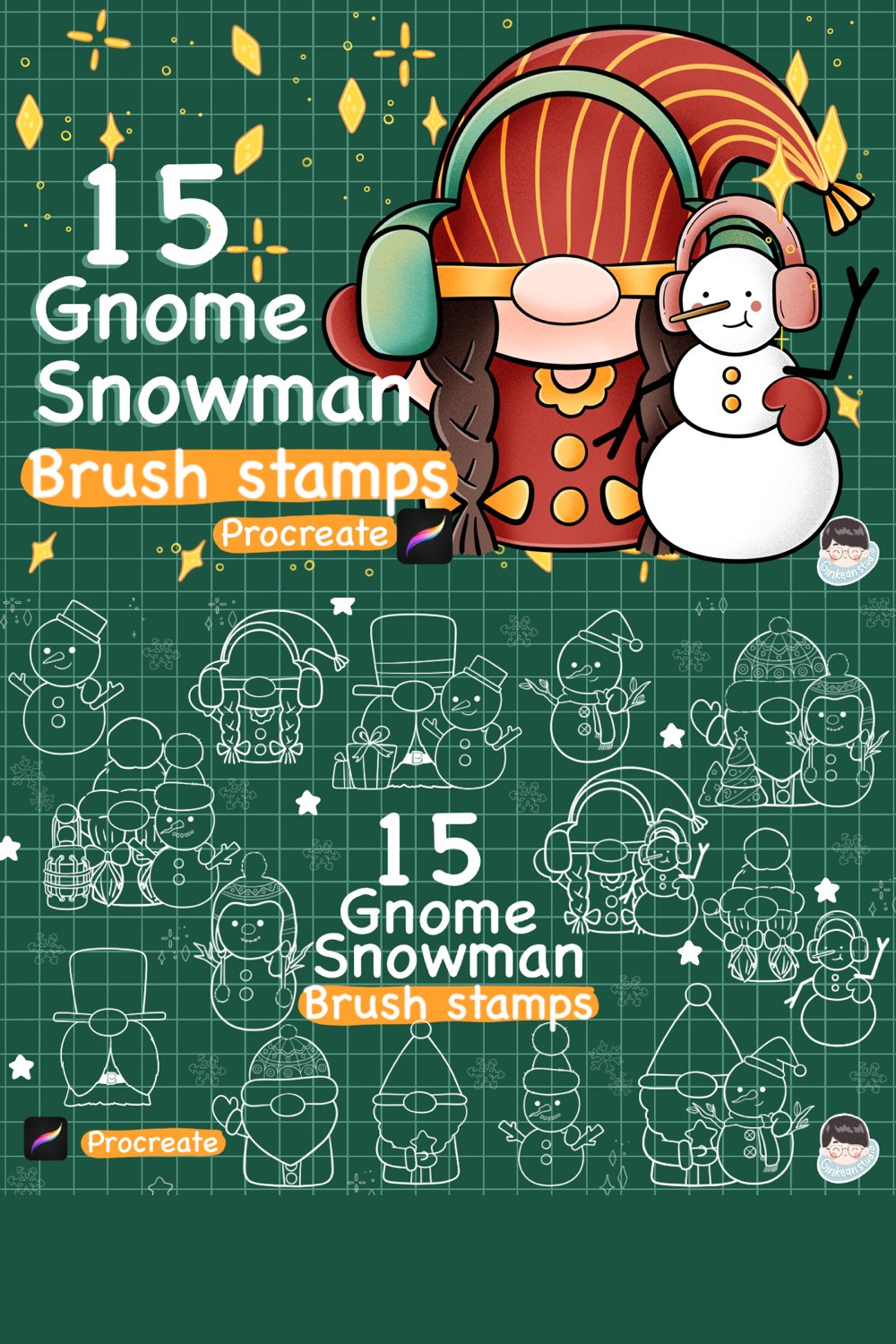 15 Christmas Procreate Stamps Gnome Snowman