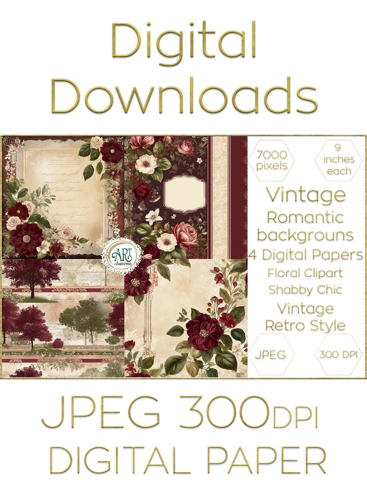 Burgundy Watercolor Flowers Romantic Floral Digital Papers