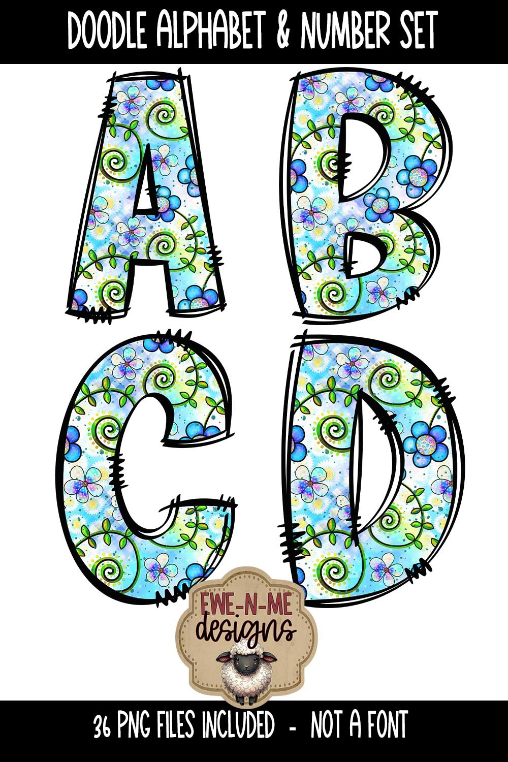 Cute Doodle Flowers Alphabet Numbers | Floral PNG Letters
