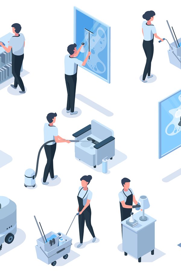 Isometric cleaning service professional workers characters.