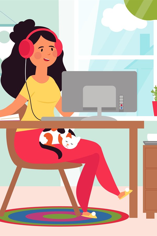 Home office. Cartoon working girl, business woman work remot