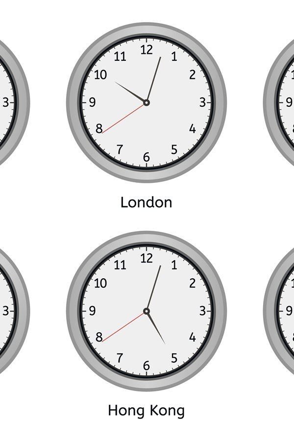 Time zone clocks. Modern wall round clock face, time zones