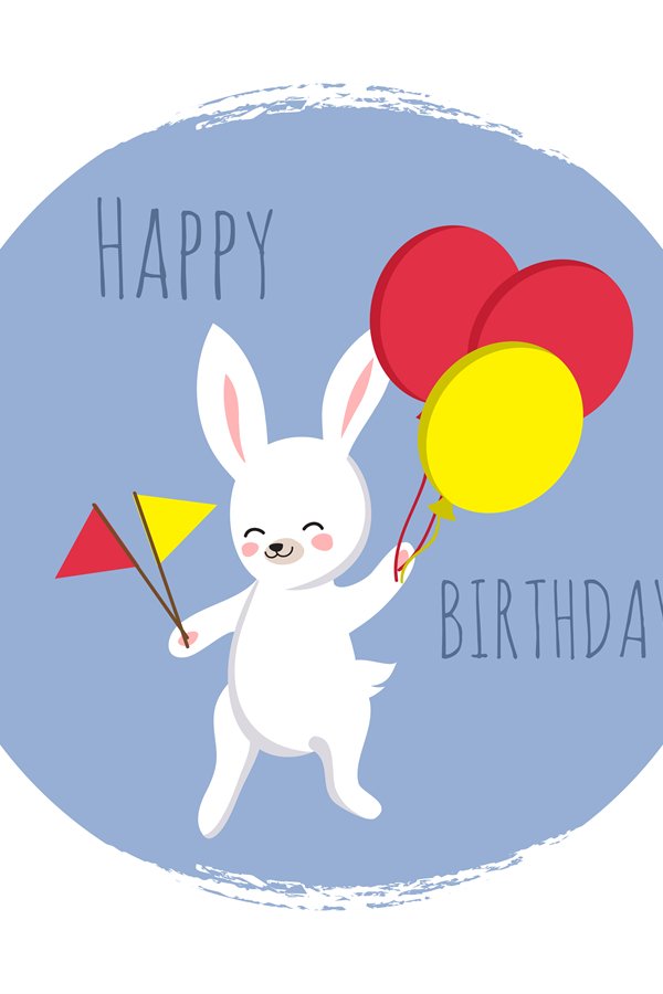 Cute bunny with flags and balloons. Happy Birthday template