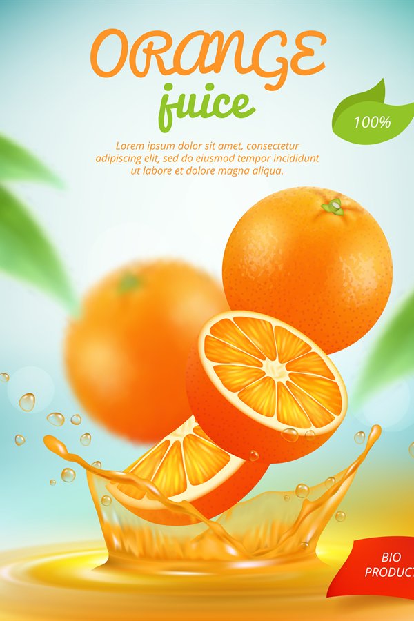 Juice placard. Advertizing banner with orange fresh fruit sl
