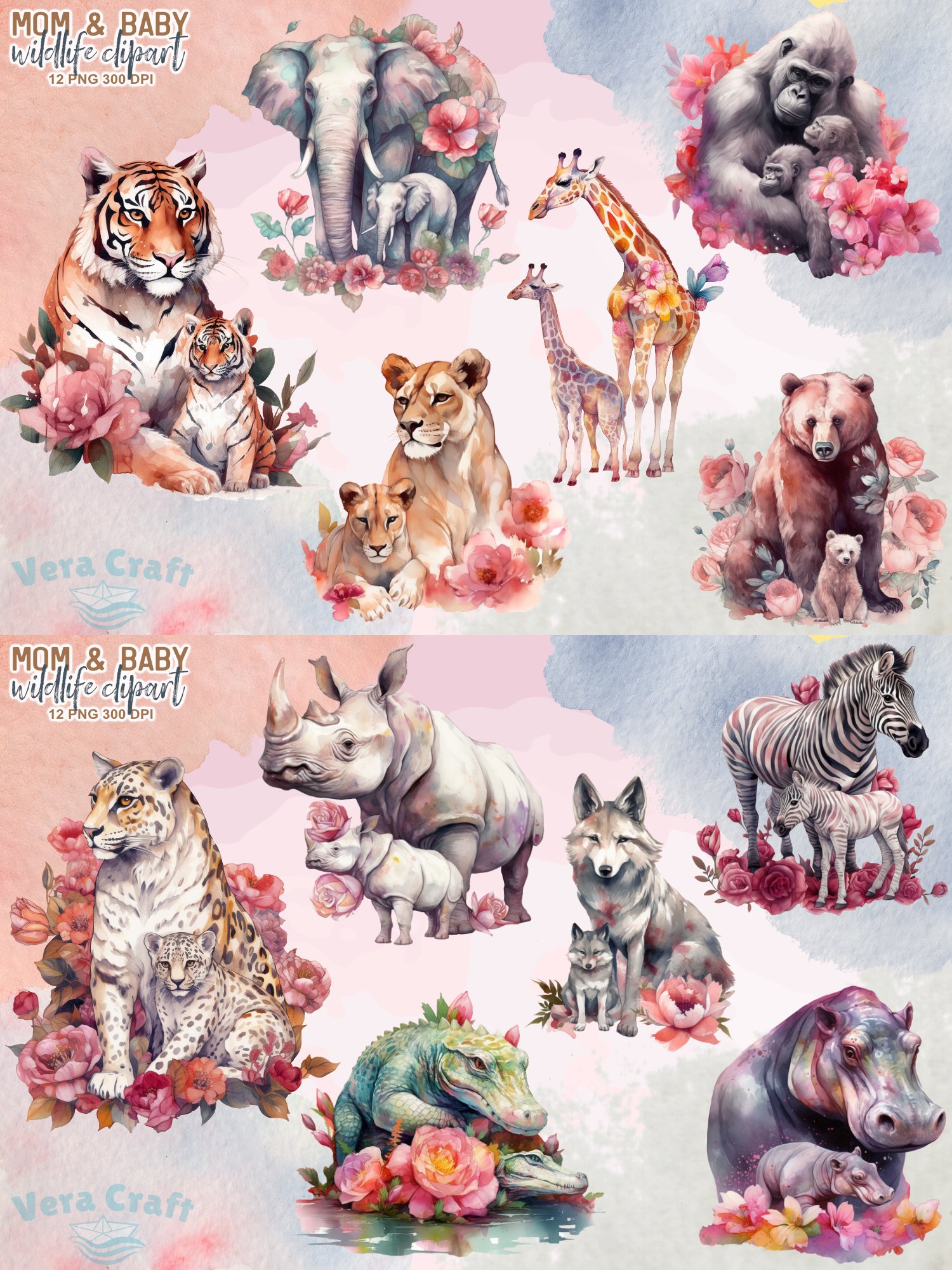 Mom & Baby Wildlife Animal Watercolor Clipart - 12 Variation