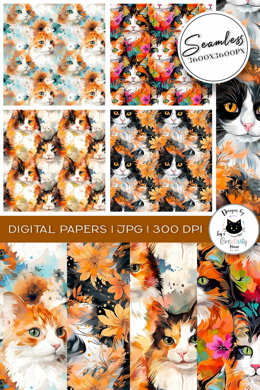 Seamless cat digital paper calico cat patterns