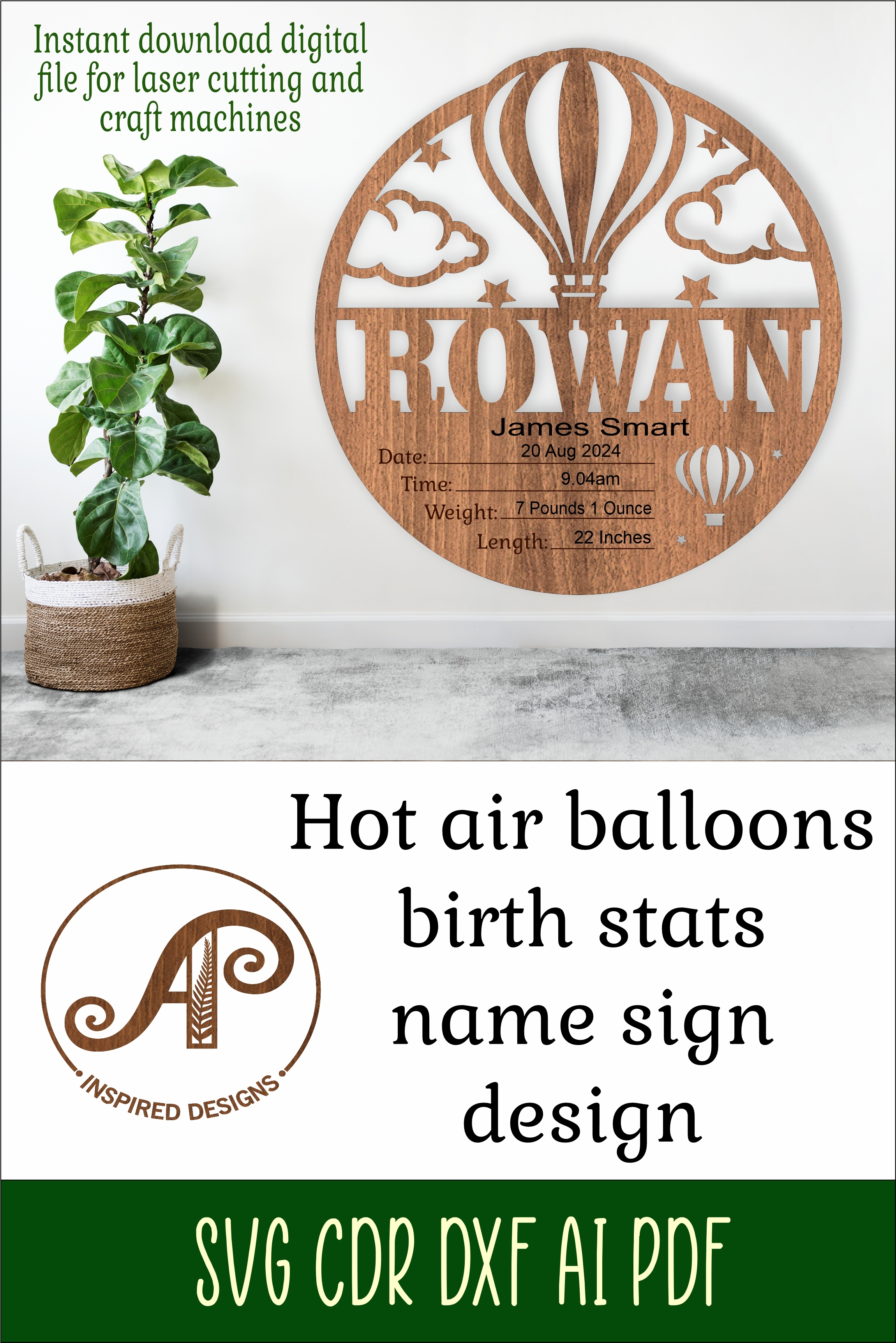 Hot air balloon Newborn Baby stats, Birth plaque, name