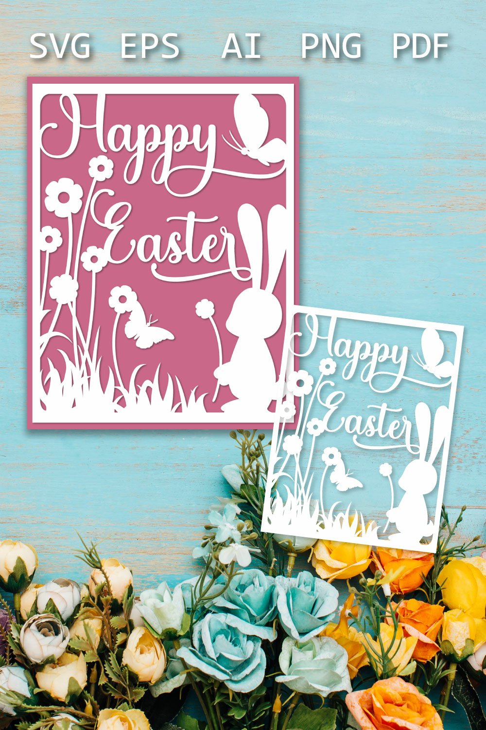 Happy Easter card with bunny, paper cut out SVG card!