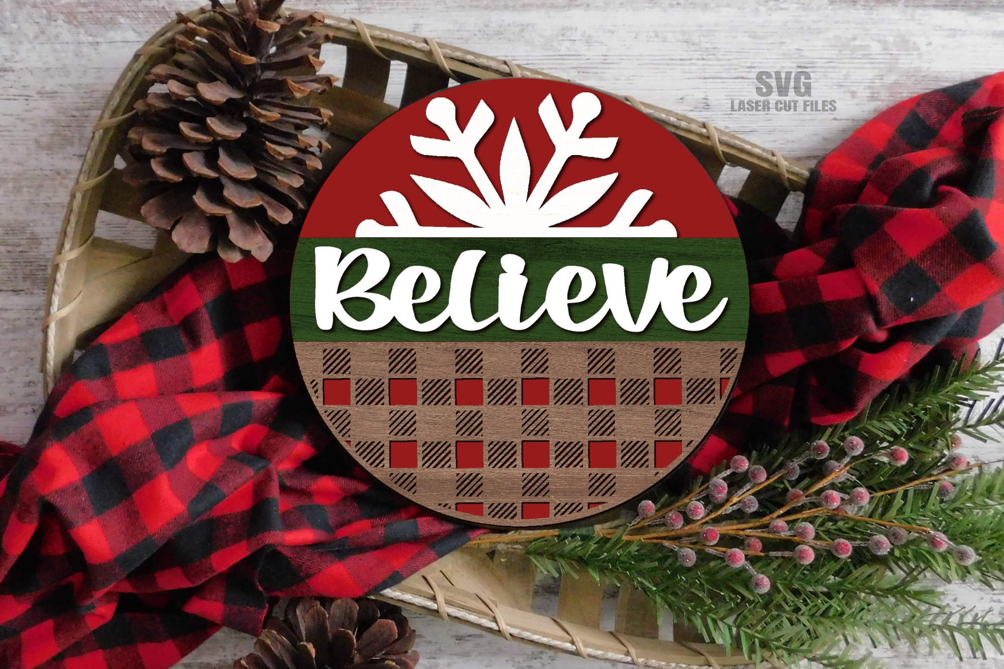 Believe Snowflake Round Sign SVG Glowforge Laser Files