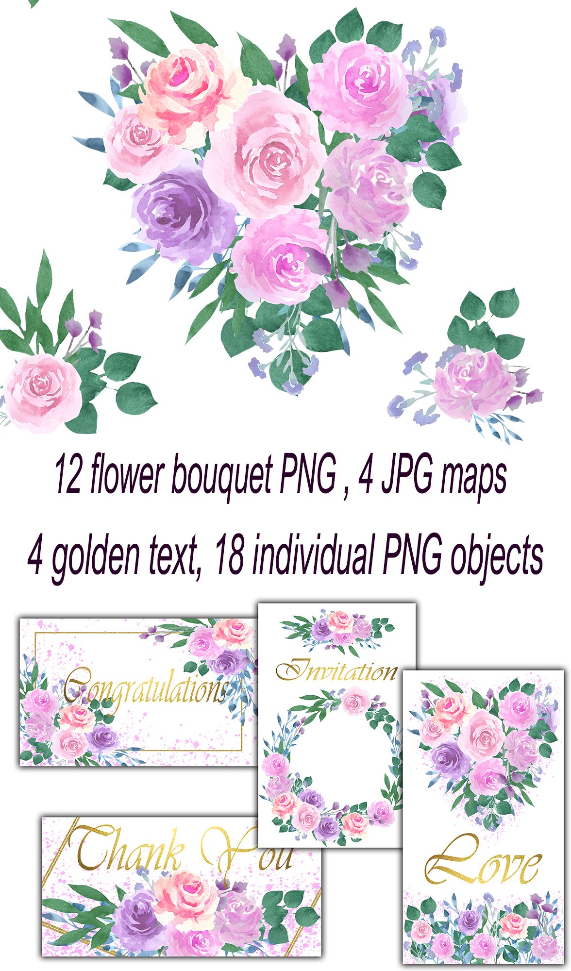 Watercolor delicate pink roses, flower maps JPG