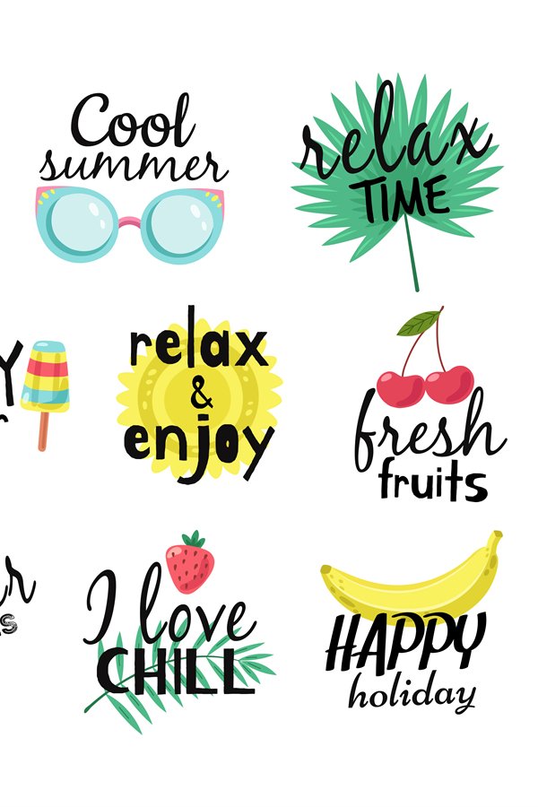 Summer labels. Beach vacation, summer travel graphic with le