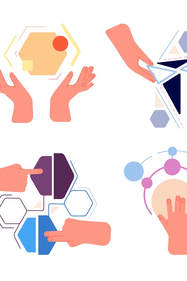Cooperation metaphor. Hands collect abstract geometric shape